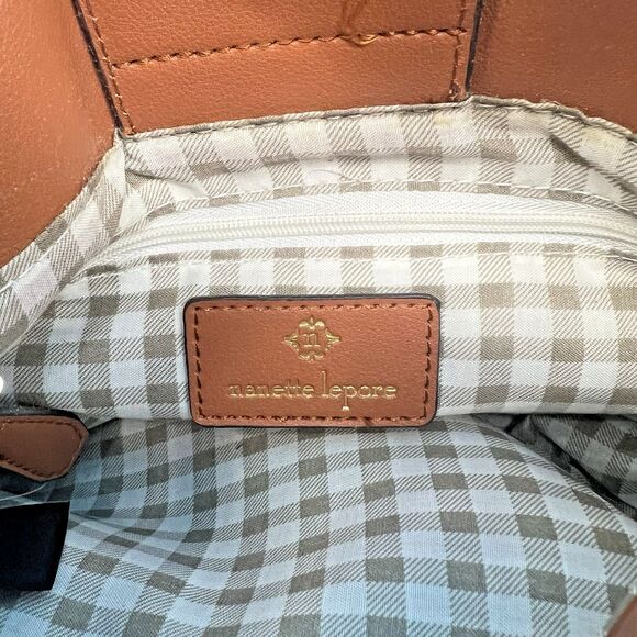 Nanette Lepore Reese Bucket Rattan Bottom Vegan Leather Bag Purse Brown/Tan - Picture 13 of 14